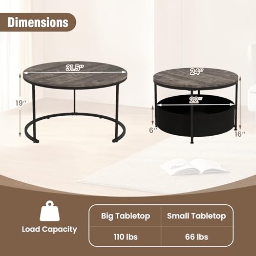 Tangkula Round Nesting Coffee Table Set of 2, Wooden Center End Table with Fabric Storage Basket & Metal Frame, Stacking Side Table for Apartment, Living Room & Bedroom (Gray & Black) - color: Gray & Black
