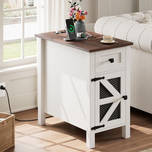 HAIOOU Farmhouse End Table with Charging Station, Narrow Side Tables for Living Room, Bedside Table with Storage Cabinet and Drawer, Slim Wood Nightstand for Small Space(Rustic White) - color: White, size: 23.6"D x13.8"W x 23.6"H