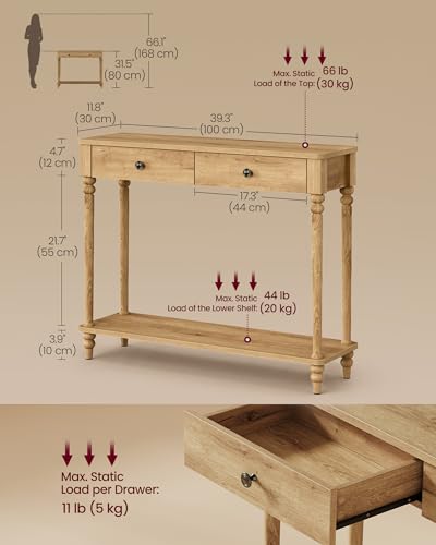 VASAGLE Mariel Collection - Console Table, Narrow Entryway Sofa Table with Drawers and Shelf, Solid Wood Legs, Mid-Century Modern, for Hallway Doorway Living Room, Natural Brown ULNT139K301S - color: Natural Brown