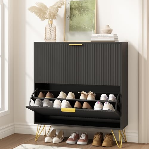 Shoe Cabinet with 2 Flip Drawers, Fluted Black Shoe Storage Cabinets, Hidden Shoe Cabinet Storage for Entryway Slim, Modern Freestanding Shoe Rack Organizer, Black - color: Black, size: 2 Drawers