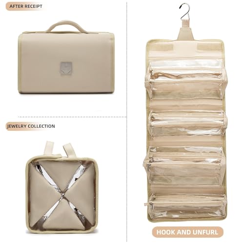 Roll Up Makeup Bag, Travel Toiletry Bag for Women with 4 Clear TSA Approved Pouches, Hanging Travel Organizer, Folding Cosmetic Bag for Men and Women - color: khaki