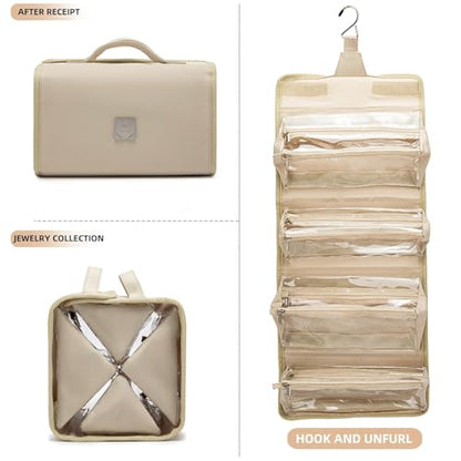 Roll Up Makeup Bag, Travel Toiletry Bag for Women with 4 Clear TSA Approved Pouches, Hanging Travel Organizer, Folding Cosmetic Bag for Men and Women - color: khaki