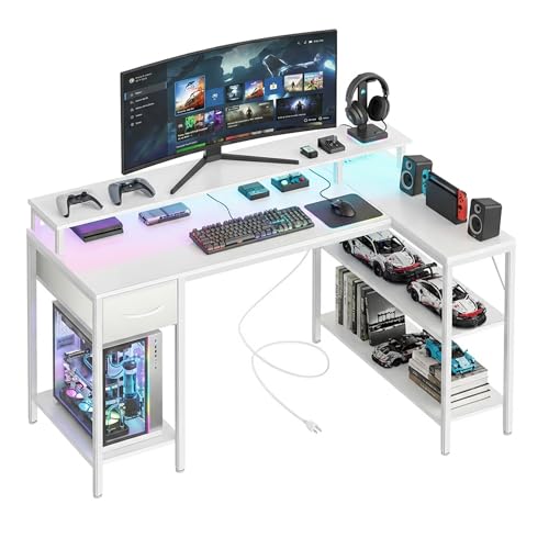 Alpen Computer Desk, L Shaped Desk for Gaming, Home Office Desk with LED Lights, Reversible Corner Desk with Shelves and Drawer, PC Desk for Living Room, Bedroom, 53 Inch, White - color: White, size: 53 Inches with LED Lights