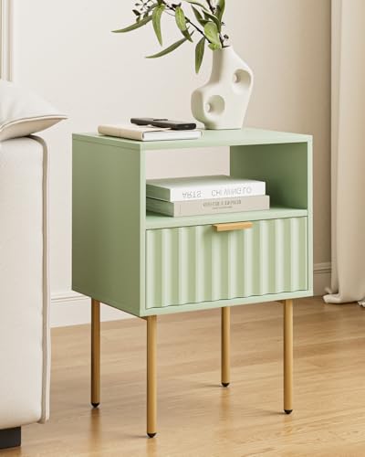 Night Stand,Modern Bedside Table with Drawer and Shelf,Green Night Stand with Gold Frame,Small Side Table for Bedroom,Living Room - color: Green