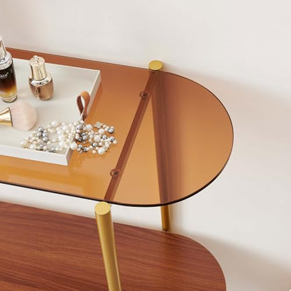 LumFurn Oval Glass Console Table for Living Room, Foyer & Entrance, 2-Tiers Mid-Century Modern Sofa Table with Amber Glass Top, Walnut Finish Wood Top and Gold Finish Metal Frame - color: Amber & Walnut, size: L41" Oval Sofa Table