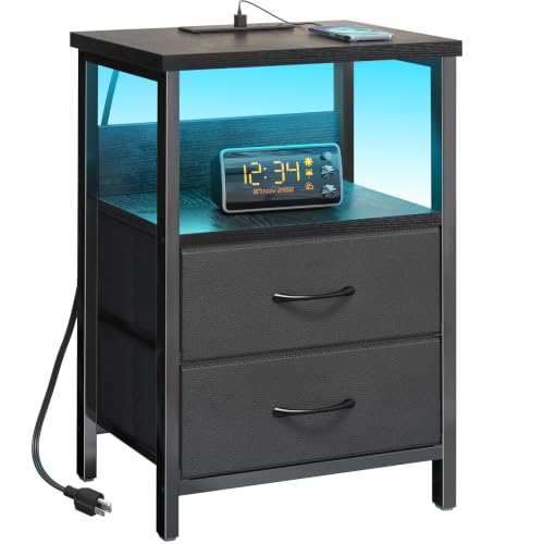 Fixwal Night Stand with Charging Station (2 AC Outlets & 2 U-S-B Ports) LED Nightstand Small Dorm Room Furniture, 2 Fabric Storage Drawers, Bedside Table End Tables Bedroom, Modern Black - color: Black, size: 23.6"H (2 drawers), style: Power+Light (1pc)