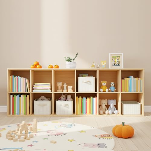 12 Cube Bookcase, 2-Tier Solid Wood Storage Organizer, Floor Standing Display Cabinet Bookshelf with Back Panels, Open Shelf for Bedroom, Living Room, Office 70.8"W X 11.8"D X 23.6"H (Wood)