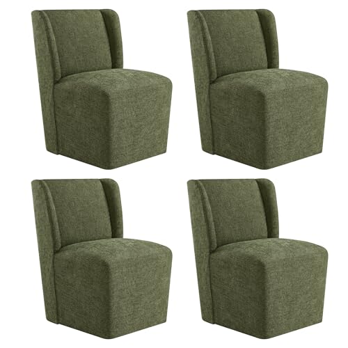 KISLOT Upholstered Dining Chairs Set of 4 with Casters, Wingback Modern Side Armless Deskchair with Rollers for Diningroom Bedroom Livingroom Reading Room, Green Fabric - color: A Green Fabric, size: Set of 4