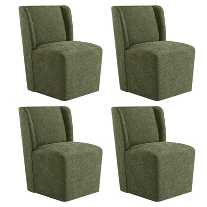 KISLOT Upholstered Dining Chairs Set of 4 with Casters, Wingback Modern Side Armless Deskchair with Rollers for Diningroom Bedroom Livingroom Reading Room, Green Fabric - color: A Green Fabric, size: Set of 4