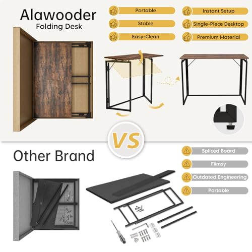 31.5" Folding Desk: No Assembly, Wood Top for Small Spaces | Home office desk, holds 150 lbs, folds flat to 2.3 in, splash-proof wood top, sturdy metal frame - color: Rustic Brown, size: 31.5"W x 15.7"D