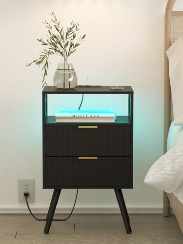 Leomonio Nightstand with Charging Station and LED Lights, Modern Bedside Table with 2 Storage Drawer and Open Wood Shelf for Bedroom and Small Spaces, Night Stand with Solid Wood Legs - color: Black-outlet