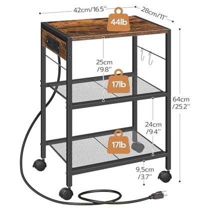 HOOBRO Industrial Printer Stand, 3-Tier Mobile Printer Table, Rolling Cart with Power Outlets and USB Ports, Home Printer Stand with 2 Hooks, for Office, Living Room, Rustic Brown BF22UPS01 - color: Rustic Brown + Black
