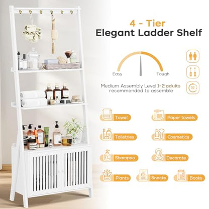 Bookcase with Drawers, 4-Tier Bamboo Bookshelf Ladder Shelf with 6 Hooks, 59.5"H x 24.8"L x 10.6"W, Tall Narrow Freestanding Standing Storage Organizer for Living Room, Office, Bedroom, White - color: 4-tier White