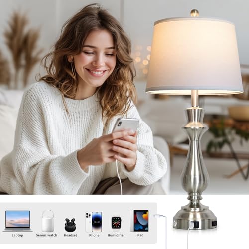 Silver Touch Lamps for Night Stand - 29.5" Tall Bedside Lamp with USB C+A, 3 Way Dimmable Bedroom Lamps, Brushed Nickel Table Lamps for Living Room,Single Silver - color: Silver-1P