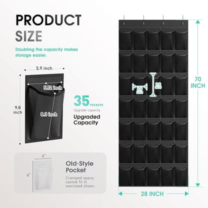WVM Over the Door Shoe Organizer with 35 Breathable Mesh Pockets, Hanging Shoe Organizer for Door with 4 Metal Hooks, Large Capacity Closet Storage for Shoes, Accessories - style: Black