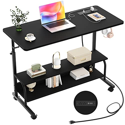 Armocity Rolling Standing Desk with Charging Station, Portable Height Adjustable Mobile Computer Desk with Wheels & 2-Tier Shelves & Hooks, Easy Assembly Laptop Table for Couch Bed, 39" Black - color: Black, size: 39''