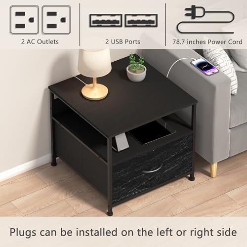 Unionly Mini Fridge Stand with drawer Storage,shelf & Power Outlet | 180lb Mini Fridge Table with Charging Station,Heavy duty small refrigerator shelf,Black end table for Living Room,Kitchen - color: Black