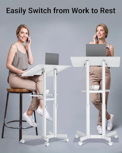 BONTEC Lecterns & Podiums Portable Mobile Standing Laptop Desk, Height Adjustable, Sit Stand, Home Office Classroom Pulpit Stand Up Desk Workstation, Rolling Table Laptop Cart with Storage Tray, White - color: White