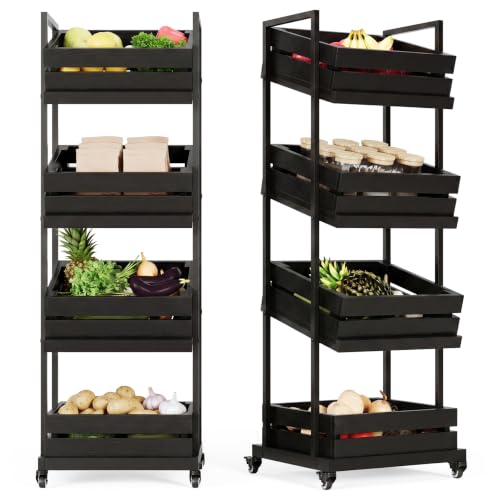 LITTLE TREE 4-Tier Basket Stand with Locked Wheels, Mobile Fruit and Vegetable Storage, Floor Stand Rack, Utility Shelf, for Kitchen, Living Room, Pantry (Black, 2) - color: Black, size: 4-Tier