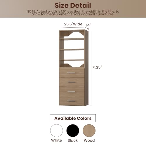 ROOMTEC Modular Closet System, 25.5" 4 Drawer Shelf Closet Tower Wall-Mounted Closet Organizer, Wooden Tower for Walk-In Closets, Wardrobe Storage Kit, Wood - size: 25.5" Wide, style: Model 8