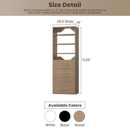 ROOMTEC Modular Closet System, 25.5" 4 Drawer Shelf Closet Tower Wall-Mounted Closet Organizer, Wooden Tower for Walk-In Closets, Wardrobe Storage Kit, Wood - size: 25.5" Wide, style: Model 8