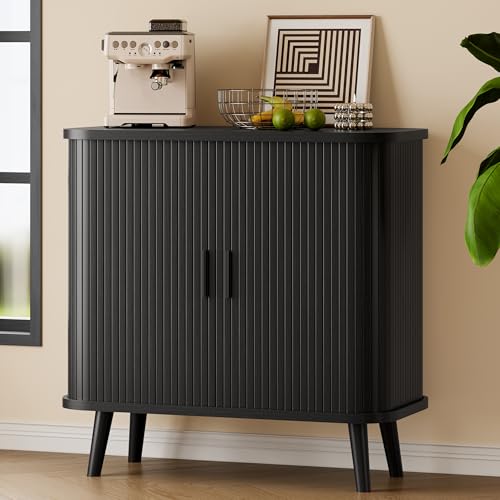 Sideboard Buffet Cabinet with Sliding Door, 31.5" Wide Fluted Modern Accent Storage Cabinet with Adjustable Shelves, Wood Coffee Bar Buffet Console Table for Kitchen, Dining Room, Living Room, Black - color: Black