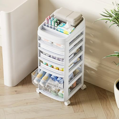 Rolling Cart with 6 Drawers, Clear Plastic Drawer Organizers, Dust Proof Under Desk Storage for Makeup, Skincare, Art Crafts and Baby Items, Acrylic Cosmetic Organizer with Dividers, Vanity Cart - size: 6 Tier