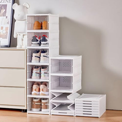 GUDEMAY Drop Front Shoe Storage Box, No Assembly Stackable Shoe Organizer Storage Bin with Clear Door, Free Standing Shoe Shelf Cabinet with Lid, Plastic Shoe Rack for Closet Entryway, 6-Tier