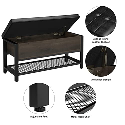 HOSTACK 40" W Storage Bench, Entryway Shoe Bench with Cushion, Dark Brown | Wood Metal Bench with Flip-Open Hidden Storage, Ottoman Bench with Padded Seat & Shoe Rack for Hallway, Bedroom, Living Room - color: Dark Brown