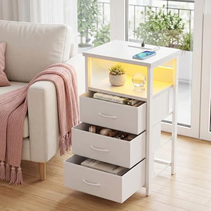 Fixwal White Nightstand with Charging Station, LED Night Stand with 3 Fabric Drawers and Open Shelf, Bedside End Table in Bedroom - color: White, size: 27.6"H (3 drawers), style: Power+Light (1pc)