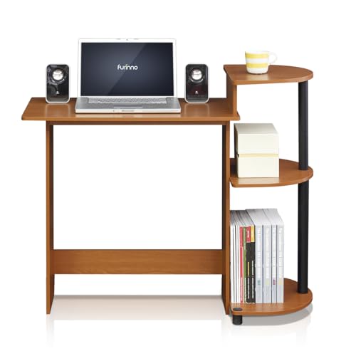Furinno Compact Computer Desk with Shelves, Round Side, Light Cherry/Black - color: Light Cherry/Black, size: Round Side Shelf