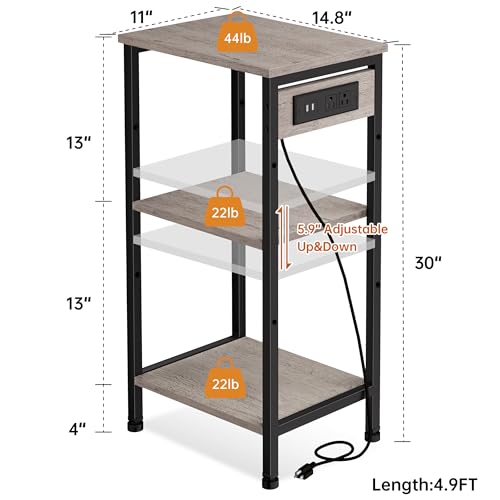 Asgolion Tall End Table with Charging Station, 3 Tier Narrow Beside Table with Adjustable Shelf, Tall Side Table Nightstand for Bedroom, Living Room Coffe Table, Office, Greige - color: Greige, size: 14.8"D x 11"W x 30"H