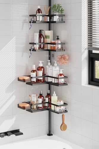 YASONIC Corner Shower Caddy Tension Pole, 25.7-109.1in Adjustable Shower Shelves, Rust-Resistant Shower Organizer, No-Drill 3-Step Installation, Bathroom Shelves for Renters & Family, Black - color: Black