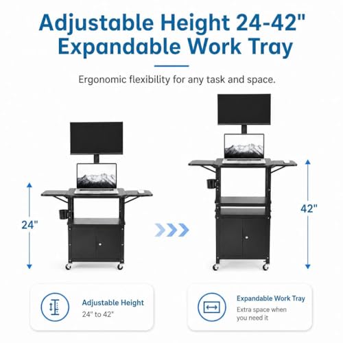 Mobile AV Cart with Lockable Cabinet, Adjustable Height Laptop Stand with Extension Rack, Drop Leaf Workstation, Extra Storage Space, Power Strip Included, Rolling Utility Cart