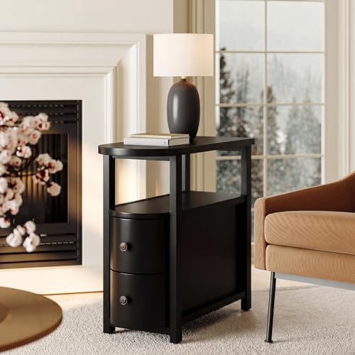 LITTLE TREE Solid Wood End Table with 2 Drawers & Open Shelf, No Assembly Required Side Table for Living Room, Black Couch Side Tables, Slim Bedside Table Nightstand for Bedroom - color: Black