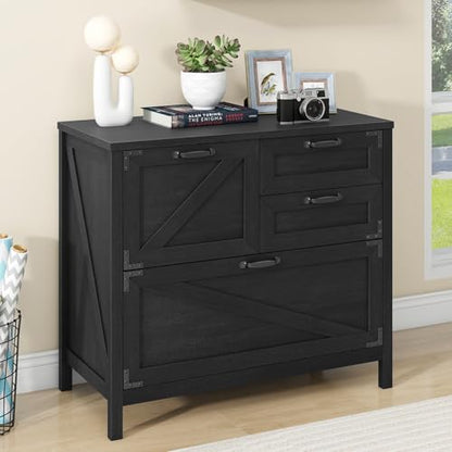 Halitaa Lateral File Cabinet with 4 Drawers, Farmhouse File Cabinet for Letter/Legal/A4 Size Hanging Files, Large Wood File Storage Cabinets Printer Stand for Home Office Cabinets, Black