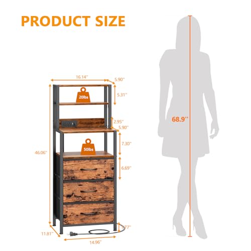 Night Stand with Charging Station, Tall Nightstand, LED Lights | 4-Tier Shelves and 3 Fabric Drawers, Bedside Table for Bedroom, Hallway, Office, Rustic Brown - color: Rustic Brown, size: 3 Drawer