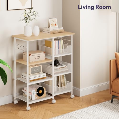 SWTYMIKI Kitchen Island Cart on Wheels - 28.35x14.57in Rolling Kitchen Table Cart with Storage Shelves, 6 Removable Hooks& Locking Casters, Coffee Bar Cabinet for Dining Room Pantry Office, White - size: 28x14.57in, style: White