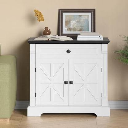 Farmhouse Printer Stand with Storage, 29.9" Wide Home Office Printer Cabinet with Drawer & Barn Doors, Wood Accent Cabinet Nightstand End Table for Living Room Bedroom, Black Top & White Finish