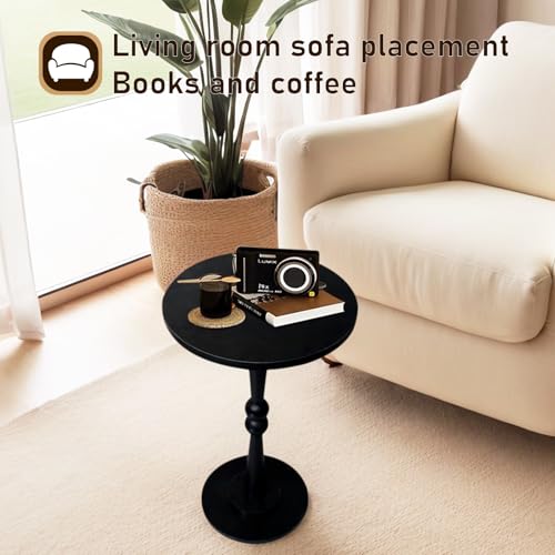 Small Side Table, Drink Table for Small Spaces, Modern Accent Table Martini Table with Solid Wood Leg, Round End Tables Living Room for Bedroom and Office (Black) - color: Black