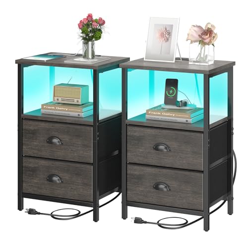 sthmec Nightstand with Charging Station, LED Night Stand Set of 2, Bedside Table End Table with Drawer, Bedroom Tables with 2 Fabric Drawers, 3-Tier Storage Side Table for Bedroom, Black Oak - color: Black Oak