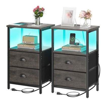 sthmec Nightstand with Charging Station, LED Night Stand Set of 2, Bedside Table End Table with Drawer, Bedroom Tables with 2 Fabric Drawers, 3-Tier Storage Side Table for Bedroom, Black Oak - color: Black Oak