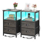 sthmec Nightstand with Charging Station, LED Night Stand Set of 2, Bedside Table End Table with Drawer, Bedroom Tables with 2 Fabric Drawers, 3-Tier Storage Side Table for Bedroom, Black Oak - color: Black Oak