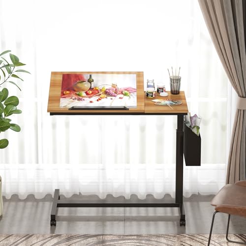 Tribesigns Height Adjustable C-Shaped Table with Wheels, Mobile Couch Side Table with with Tiltable Drawing Board, Portable Sofa Bedside Laptop Stand C Shaped Desks for Living Room, Bedroom