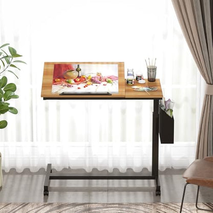 Tribesigns Height Adjustable C-Shaped Table with Wheels, Mobile Couch Side Table with with Tiltable Drawing Board, Portable Sofa Bedside Laptop Stand C Shaped Desks for Living Room, Bedroom