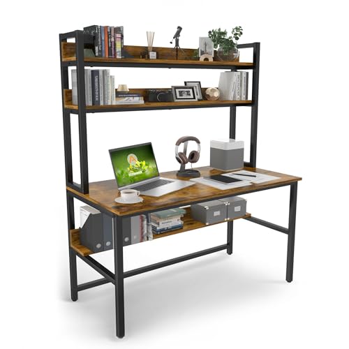 Aquzee Computer Desk with Hutch, 47“W x 23.6" D Desk with Shelves, Tall Home Office Desk with Bookshelf, Metal Legs Study Table with Upper Storage Shelf for Study Writing/Workstation - color: Brown, size: 47inch