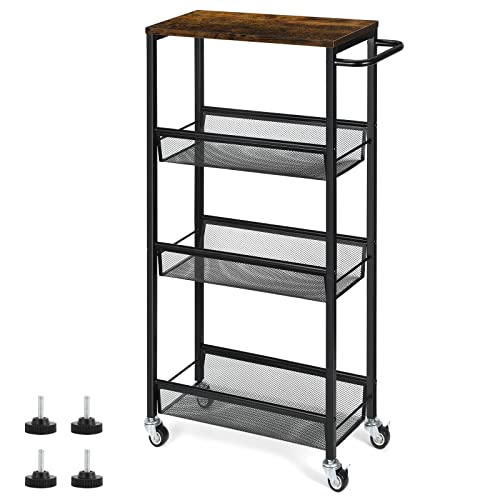 NANANARDOSO 4 Tier Slim Storage Cart, Shelving Unit for Small Space, Rolling Storage Cart with Wooden Top and Metal Handle for Narrow Space on Kitchen, Bathroom, Laundry Room, Black. - size: 4 Tier(Brown)