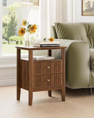 Fluted Nightstand, Farmhouse Night Stand with 2 Drawers, Mid Century Modern Side Accent Table,Bedside End Table for Bedroom, Living Room, Brown - color: Walnut Brown, size: 2 Drawers