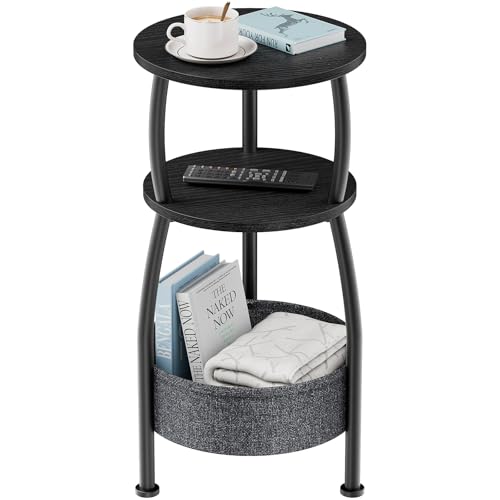 Small Round Side Table for Living Room with Storage Basket –Small Space Saving End Table 3-Tier Accent Nightstand Couch Corner Table for Sofa, Bedroom, Patio and More 24in Tall Classic Black - color: Classic Black, size: 11.81" Dia