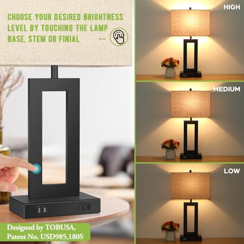 Set of 2 Touch Control Table Lamp with 2 USB Ports, 3-Way Dimmable Modern Nightstand Lamp Sets Bedside Touch Desk Lamp with Fabric Cream Shade For Bedroom Table Living Room Reading, Included Bulbs | 3 Way Dimmable, Touch Control, Fabric Cream Shade, E26 B